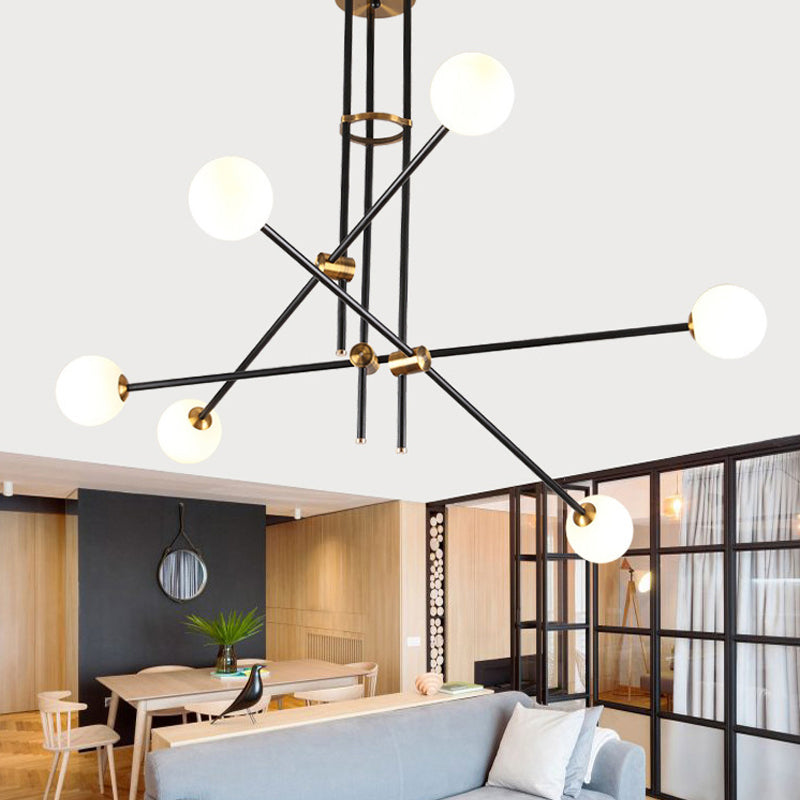 Linea incrociata LAMPAGGIO IMMAGGIO Minimalista Metal 6 teste Lampada lampadario nero con tonalità di vetro opale globo