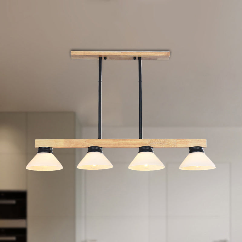 Nordic Linear Wood Hanging Light 4 Heads Island Ceiling Light in Gold/Black Finish with Cone Opal Glass Shade