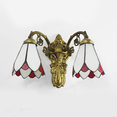 Stained Glass Wall Light with Curved Arm Tiffany Style Double Sconce Light in Red/White/Blue for Bedroom Lighting