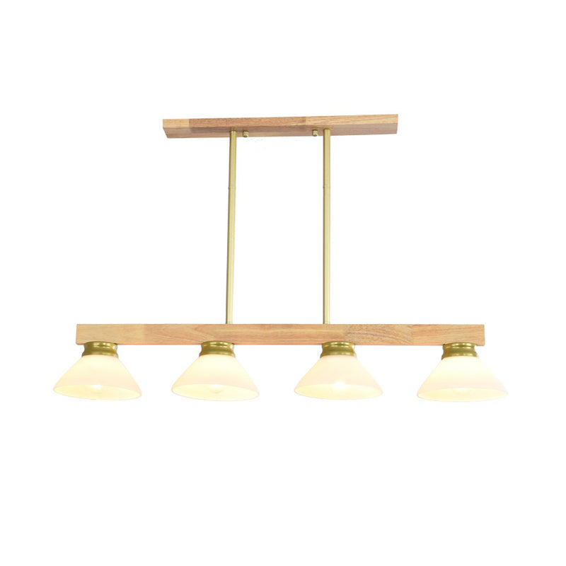 Nordic Linear Wood Hanging Light 4 Heads Island Ceiling Light in Gold/Black Finish with Cone Opal Glass Shade