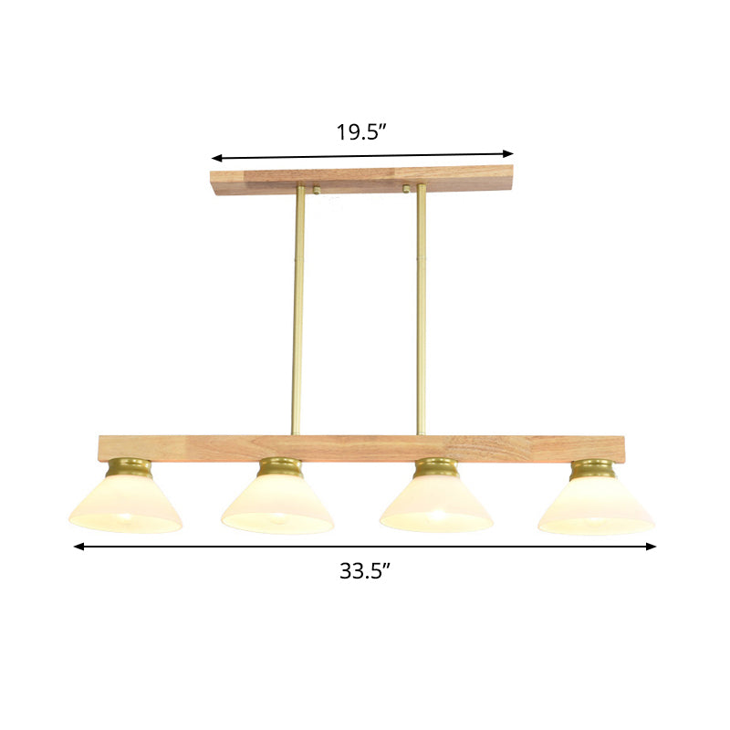 Nordic Linear Wood Hanging Light 4 Heads Island Ceiling Light in Gold/Black Finish with Cone Opal Glass Shade