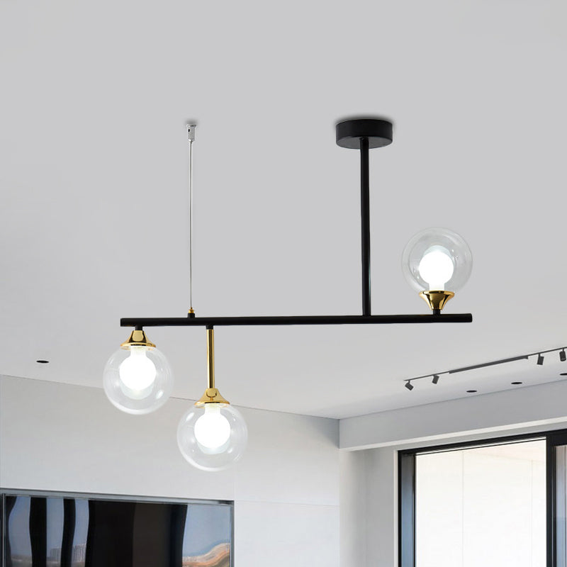 3 Bulbs Globe Island Lighting Modernism Clear Glass Pendant Light Fixture in Black for Dining Room
