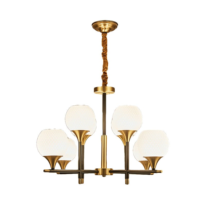 Zeitgenössische globale Kronleuchter -Beleuchtung weißes Glas 8 Lampen Schlafzimmer Messing Lampe mit vertikalem Design