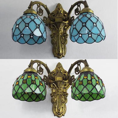 Bead Wall Lighting with Bowl Shade Stained Glass 2 Heads Rustic Loft Sconce Lamp in Green/Blue for Library