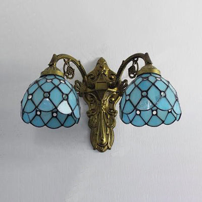 Bead Wall Lighting with Bowl Shade Stained Glass 2 Heads Rustic Loft Sconce Lamp in Green/Blue for Library