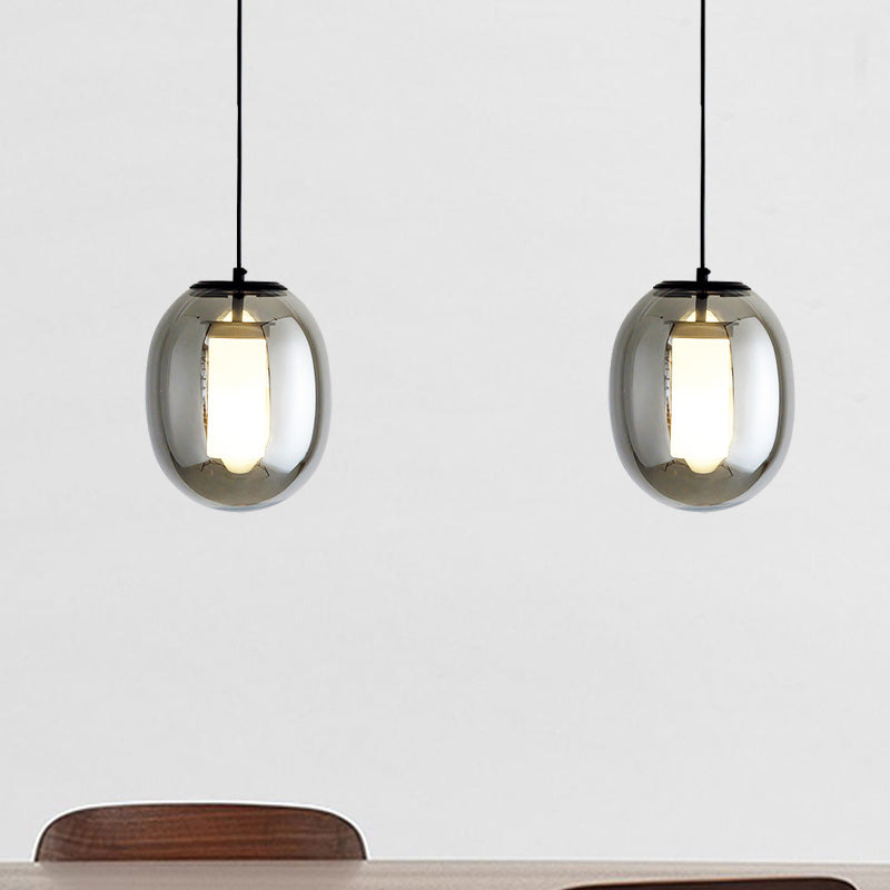 Oval Bedroom Hanging Lamp Kit Black Glass 1 Head 7"/8.5" Wide Simple Style Pendant Light