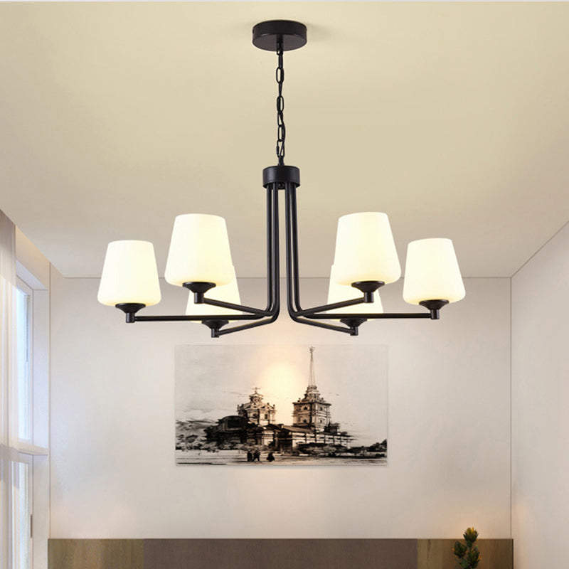 Noordse stijlvolle kegel plafond hanger licht wit glas 6/8/10 hoofden woonkamer kroonluchter lamp in zwart