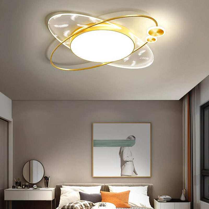 Modern Creative Feather LED Semi Flush Mount Circular Wrought Iron Ceiling Light with Acrylic Shade