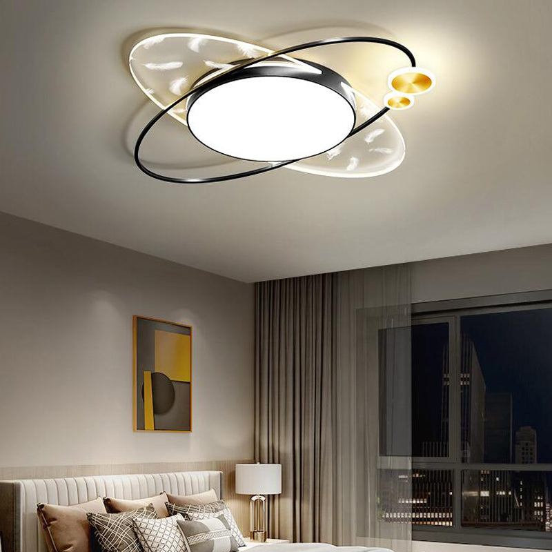 Modern Creative Feather LED Semi Flush Mount Circular Wrought Iron Ceiling Light with Acrylic Shade