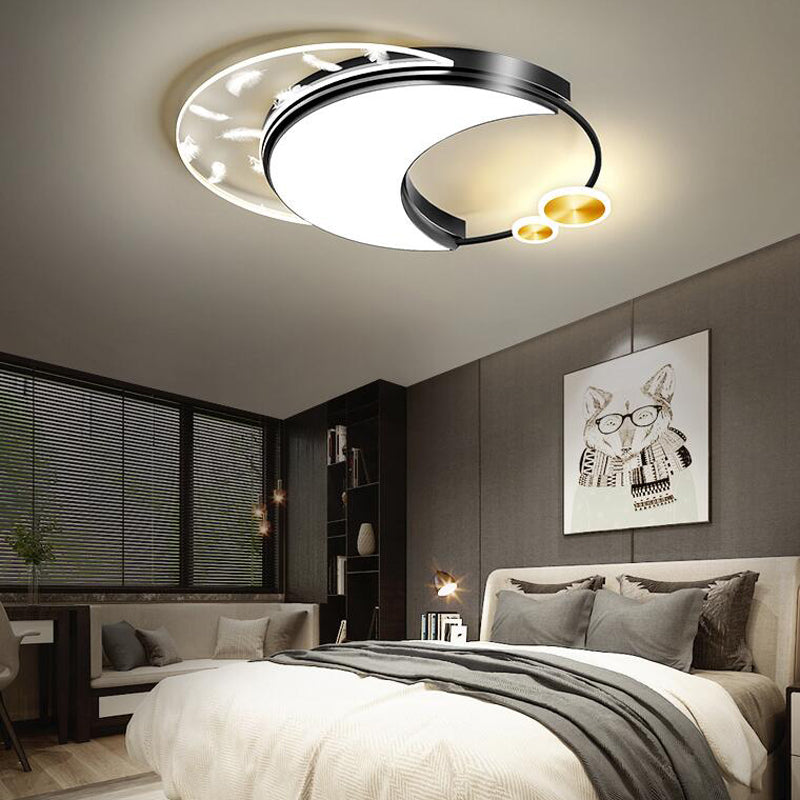 Modern Creative Feather LED Semi Flush Mount Circular Wrought Iron Ceiling Light with Acrylic Shade