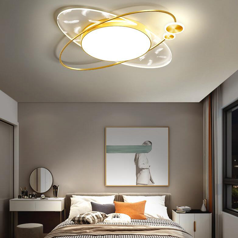 Modern Creative Feather LED Semi Flush Mount Circular Wrought Iron Ceiling Light with Acrylic Shade