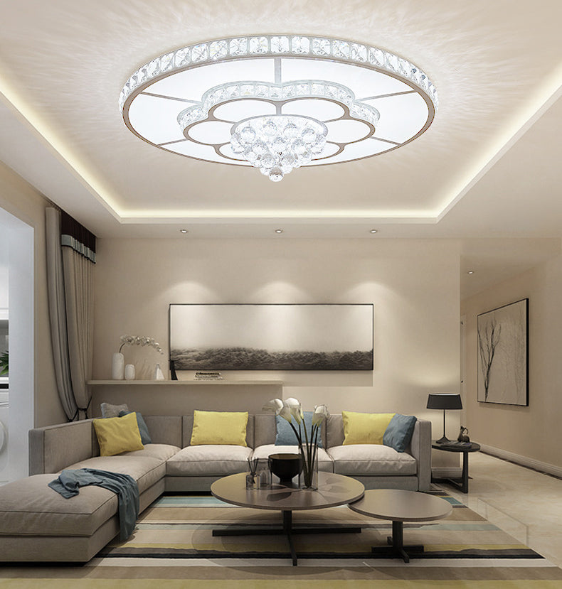 Minimalist Round Flush Ceiling Light Crystal Sitting Room LED Flush Mount Fixture in White