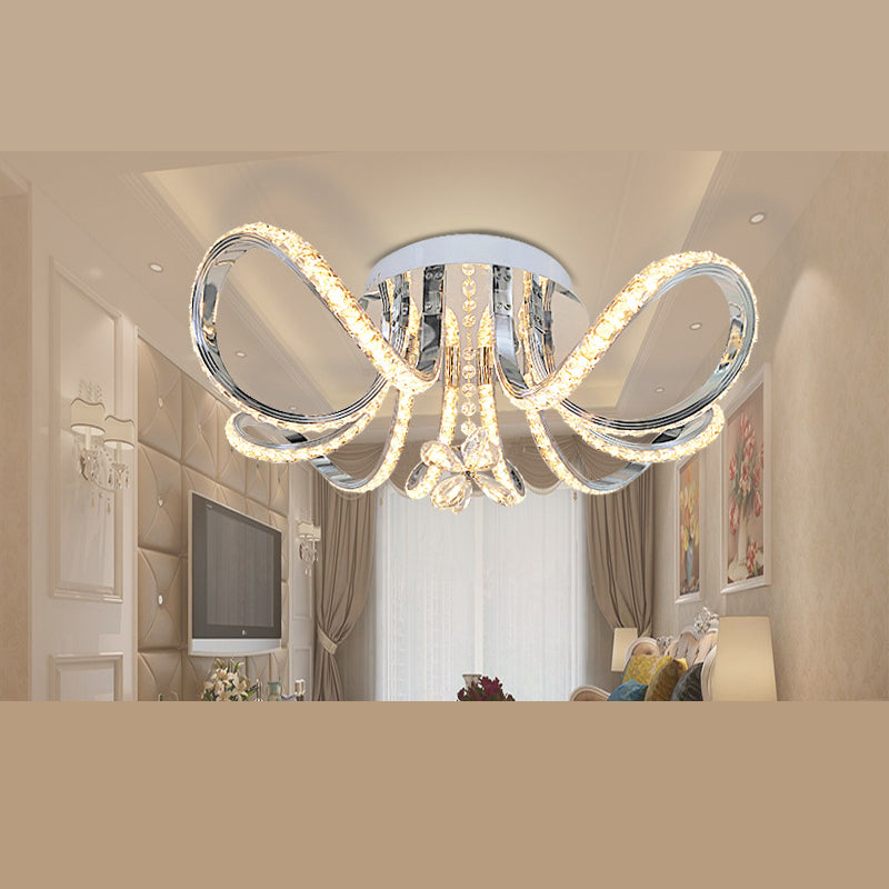 Chrome Finish Ribbon Shaped Flush Mount Fixture Minimalist Crystal LED Ceiling Light for Bedroom