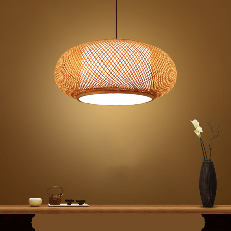 Farmhouse Natural Bamboo Pendant Lighting 1 Light Round Drum Dining Room Hanging Lamp in Beige
