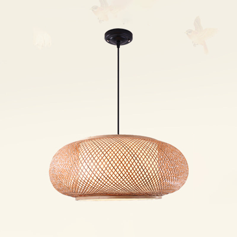 Farmhouse Natural Bamboo Pendant Lighting 1 Light Round Drum Dining Room Hanging Lamp in Beige