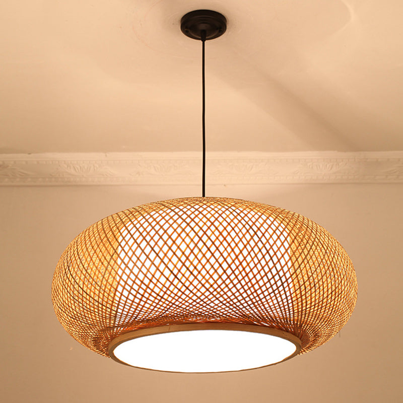 Farmhouse Natural Bamboo Pendant Lighting 1 Light Round Drum Dining Room Hanging Lamp in Beige
