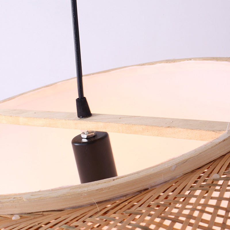 Farmhouse Natural Bamboo Pendant Lighting 1 Light Round Drum Dining Room Hanging Lamp in Beige