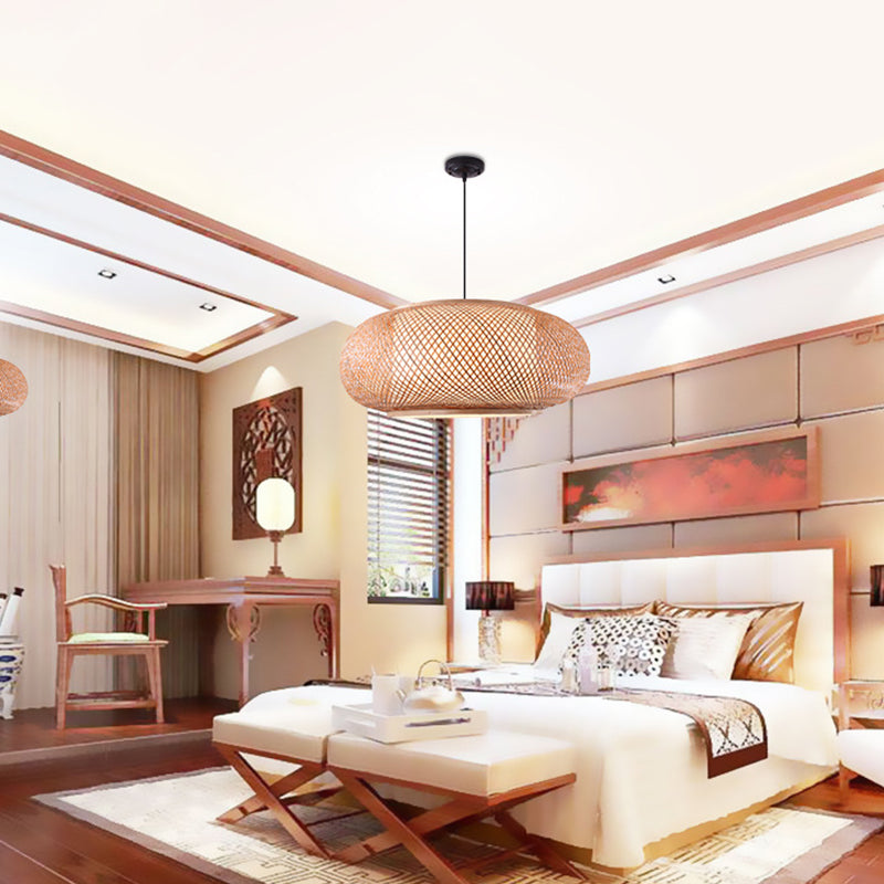 Farmhouse Natural Bamboo Pendant Lighting 1 Light Round Drum Dining Room Hanging Lamp in Beige