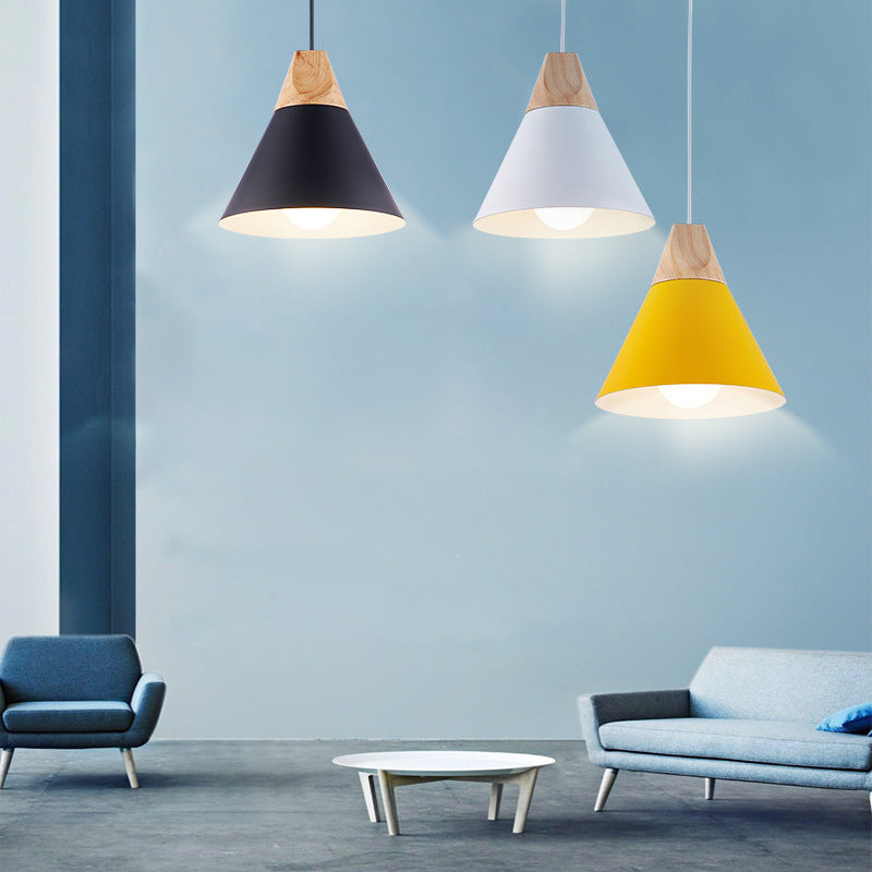 Metal Tapered Hanging Light Nordic Style 1 Light Wooden Top Ceiling Pendant Lamp for Living Room