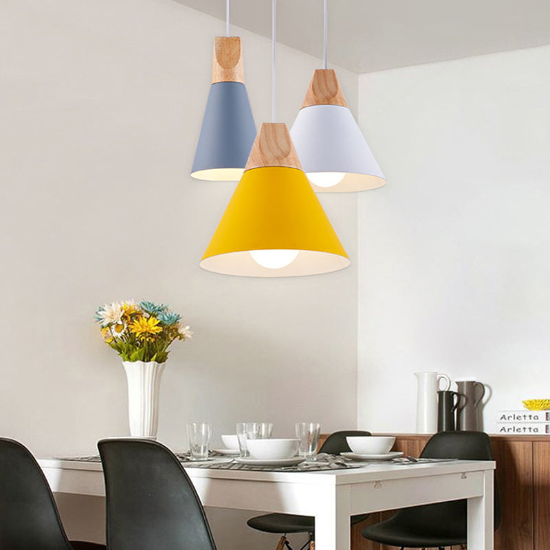 Metal Tapered Hanging Light Nordic Style 1 Light Wooden Top Ceiling Pendant Lamp for Living Room