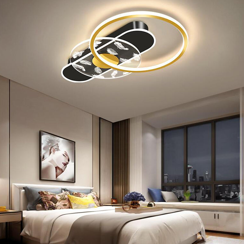 Black and Gold LED Semi Flush Mount in Modern Concise Style Circular Feather Ceiling Light with Acrylic Shade