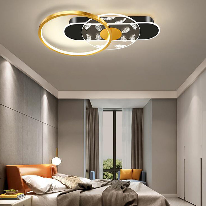 Black and Gold LED Semi Flush Mount in Modern Concise Style Circular Feather Ceiling Light with Acrylic Shade