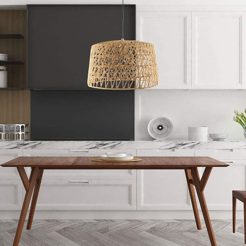 1-Light Hemp Rope Drum Hanging Light Hand Knitting Creative Bedroom Suspension Lamp in Beige