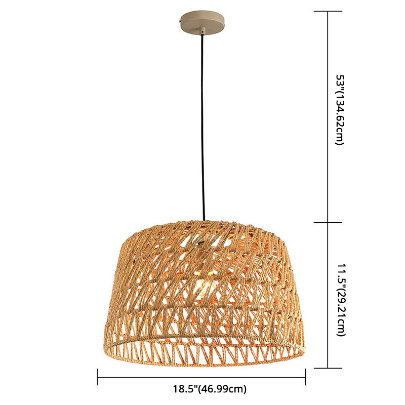 1-Light Hemp Rope Drum Hanging Light Hand Knitting Creative Bedroom Suspension Lamp in Beige