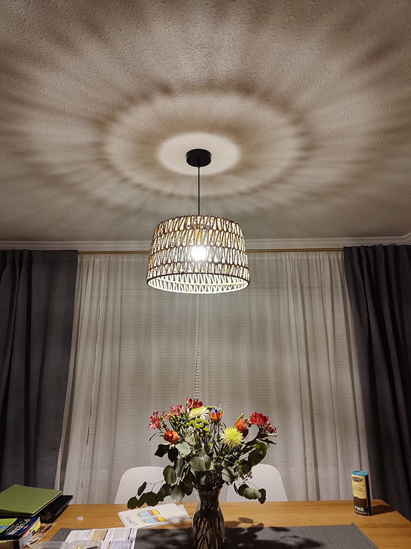 1-Light Hemp Rope Drum Hanging Light Hand Knitting Creative Bedroom Suspension Lamp in Beige