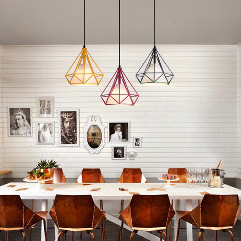 4-Color Optional Metal Cage Hanging Light Single Bulb Diamond Shaped Bedroom Lighting Fixture