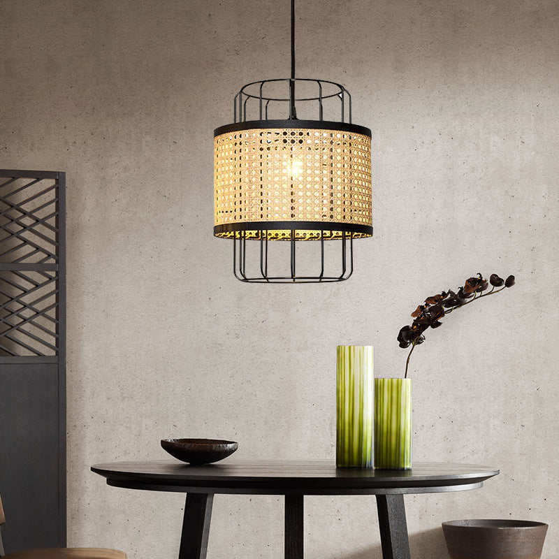 Hand-Worked Rattan Restaurant Ceiling Light Asian Style Single Bulb Lantern Hanging Pendant Light