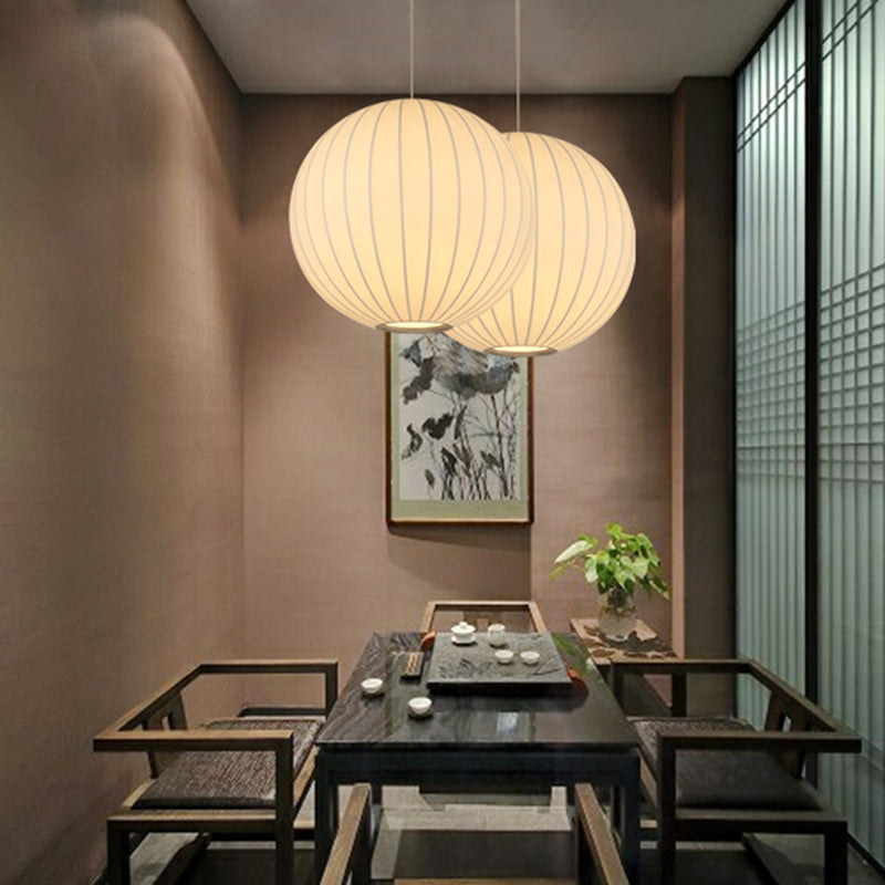 Globe Stretch Silk Suspension Lamp Nordic Style 1-light Dining Room Lighting Fixture in White