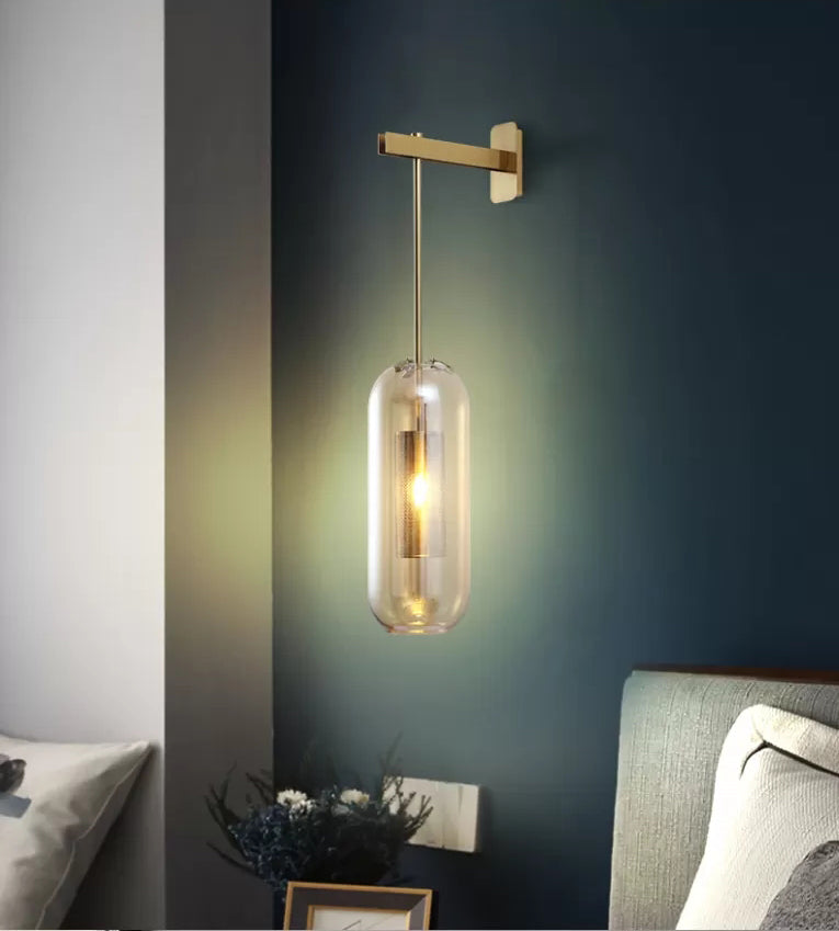 Applique murale de crayon en laiton moderne avec application de lampe de pendaison de mur en verre cylindrique