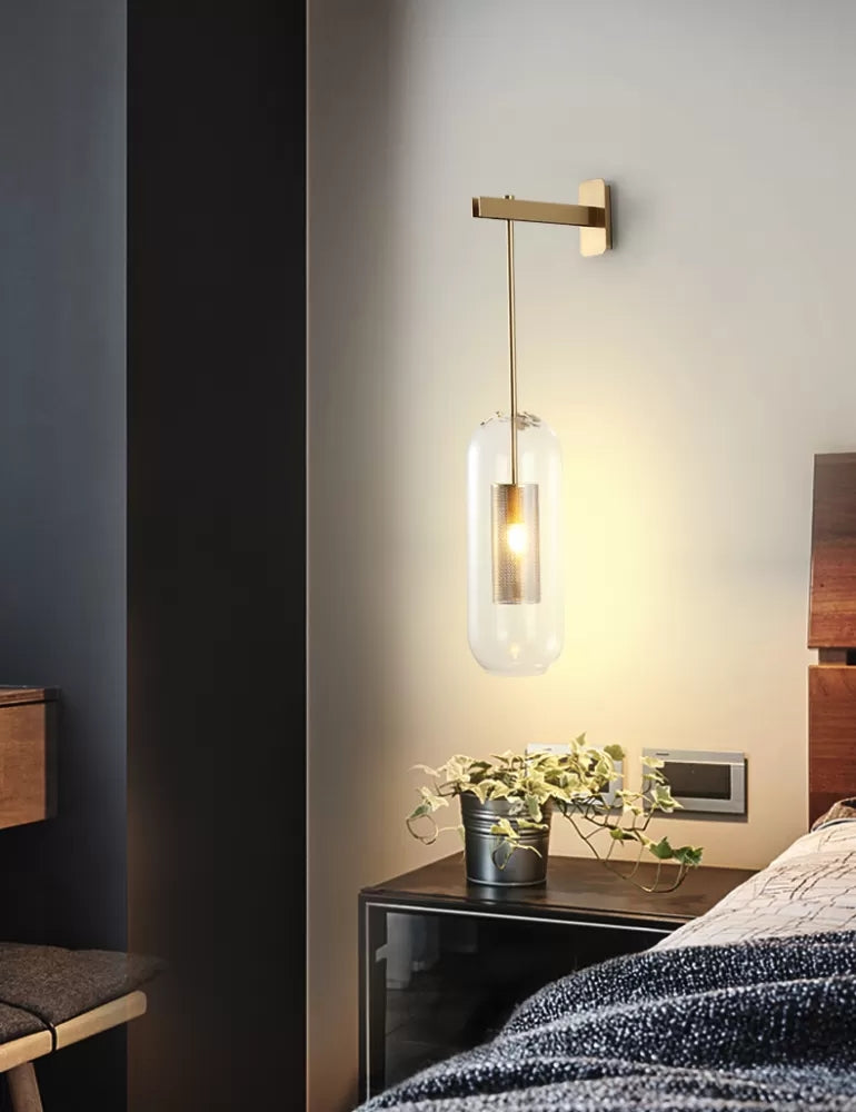 Applique murale de crayon en laiton moderne avec application de lampe de pendaison de mur en verre cylindrique