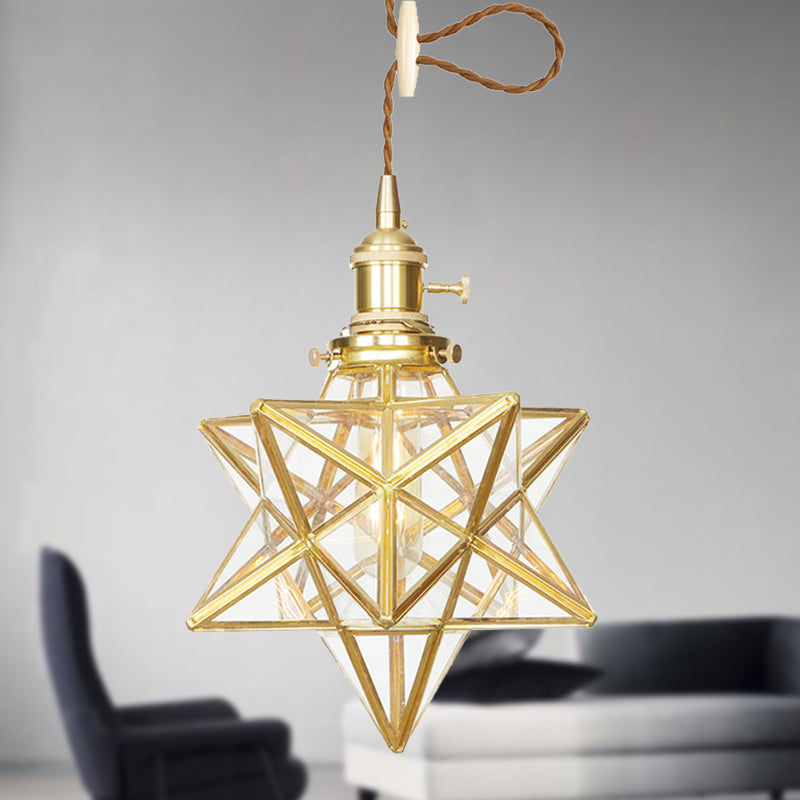 Star Shaped Pendant Lighting Postmodern Clear/Frosted Glass 1 Light Brass Hanging Light Kit with Adjustable Rope