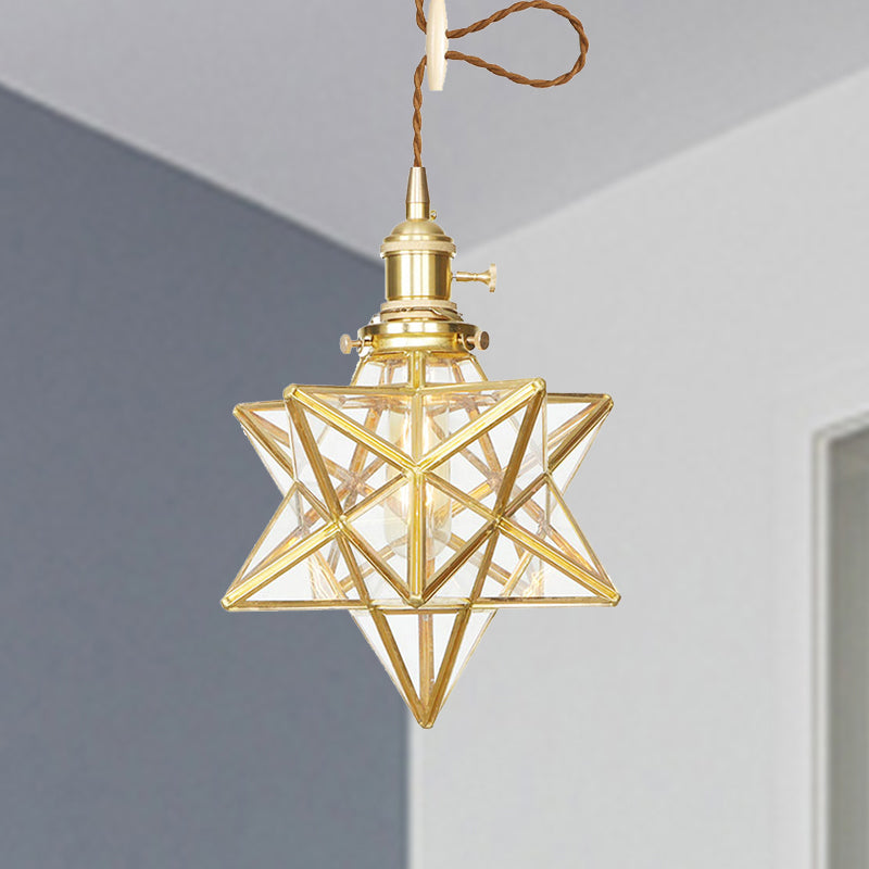 Star Shaped Pendant Lighting Postmodern Clear/Frosted Glass 1 Light Brass Hanging Light Kit with Adjustable Rope