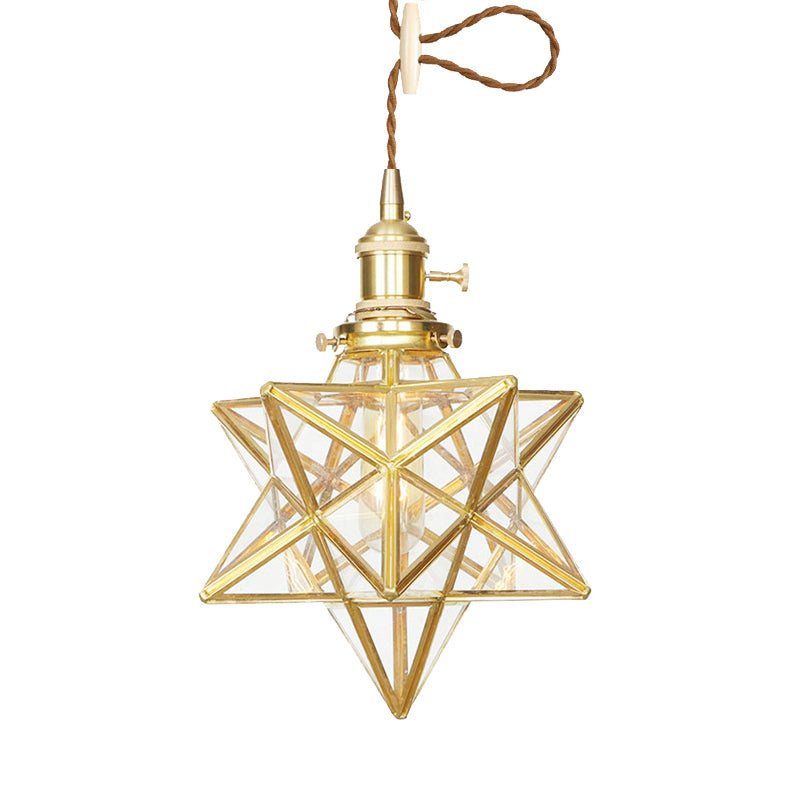 Star Shaped Pendant Lighting Postmodern Clear/Frosted Glass 1 Light Brass Hanging Light Kit with Adjustable Rope