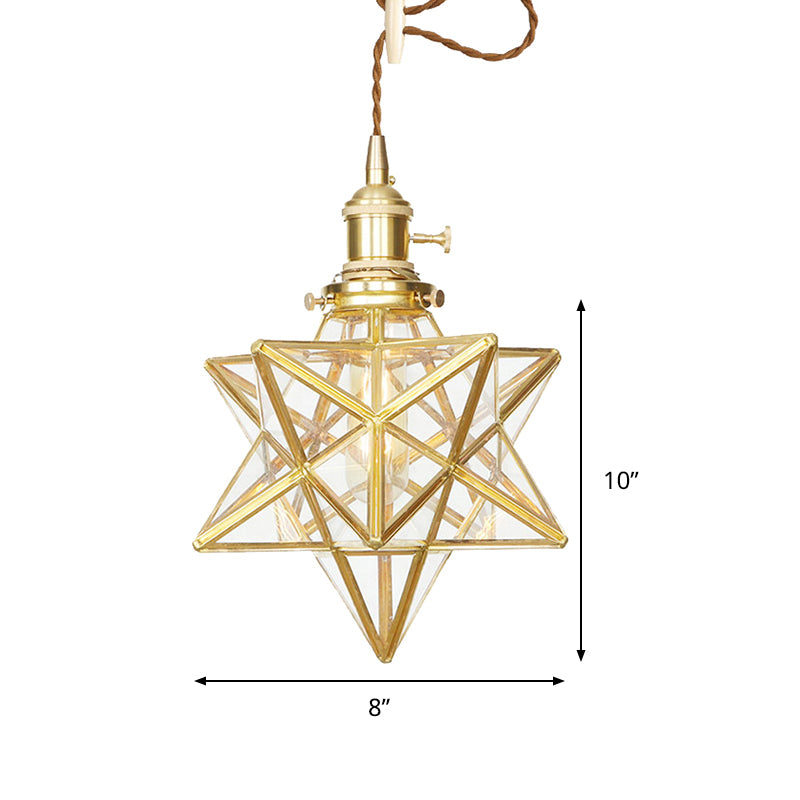 Star Shaped Pendant Lighting Postmodern Clear/Frosted Glass 1 Light Brass Hanging Light Kit with Adjustable Rope