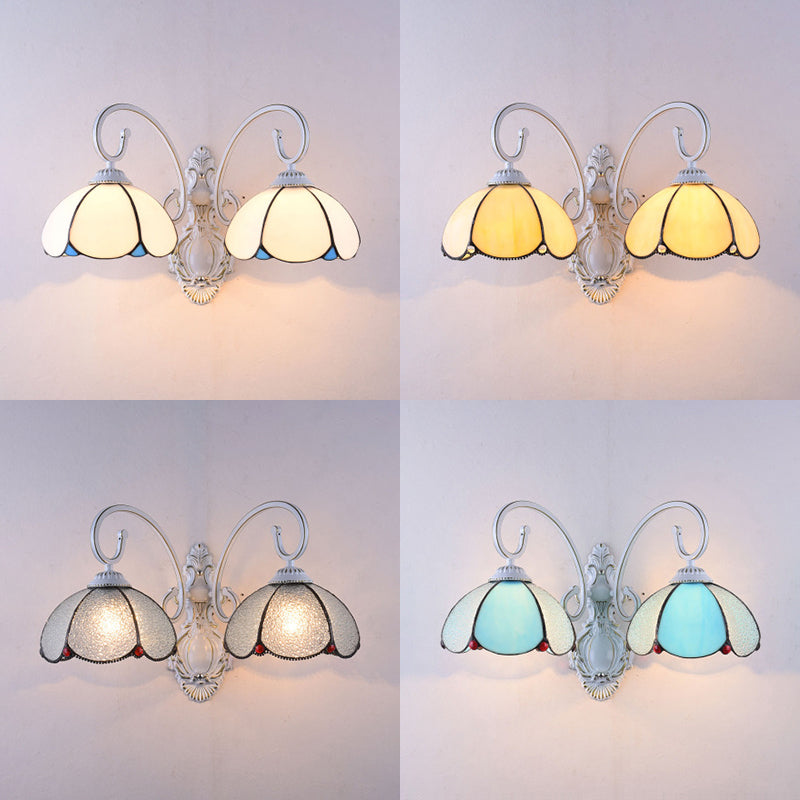 Stained Glass Scalloped Wall Light with White Curved Arm 2 Lights Traditional Sconce Light in White/Clear/Blue/Beige