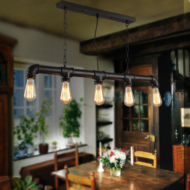 5 Lights Metal Tubular Island Pendant Lighting Retro Industrial Exposed Bulb Island Lamp