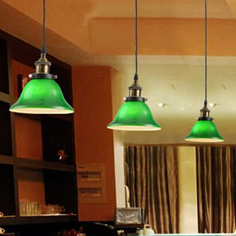 Green 1 Light Bell Pendant Lamp Vintage Industrial Glass Hanging Lamp for Living Room