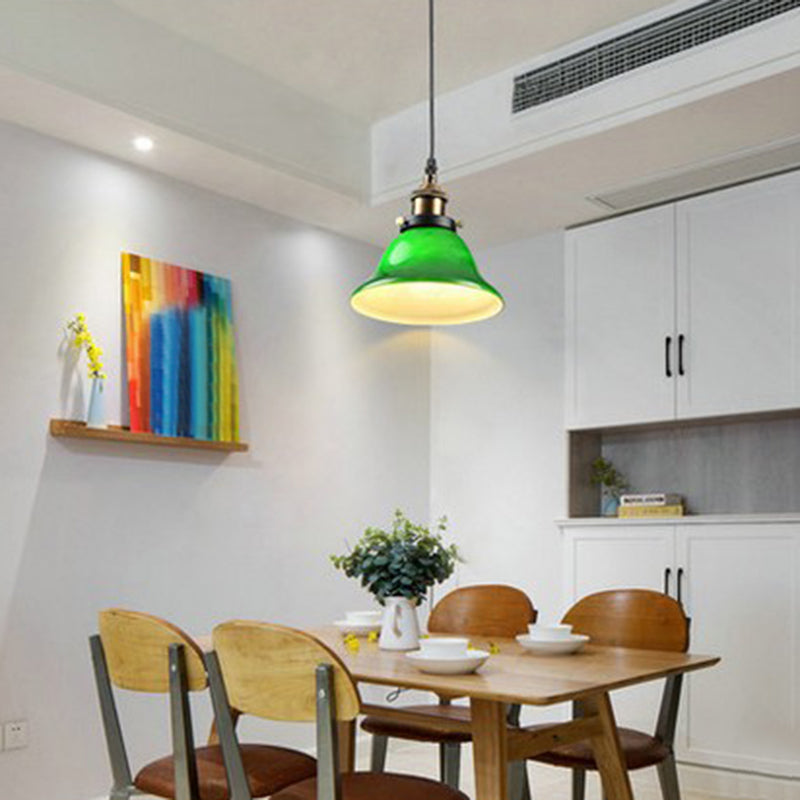 Green 1 Light Bell Pendant Lamp Vintage Industrial Glass Hanging Lamp for Living Room