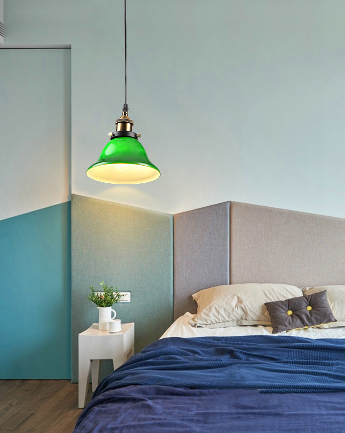 Green 1 Light Bell Pendant Lamp Vintage Industrial Glass Hanging Lamp for Living Room