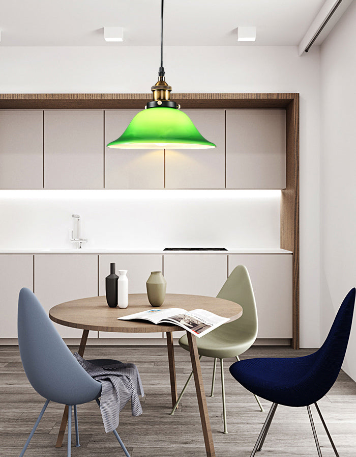 Green 1 Light Bell Pendant Lamp Vintage Industrial Glass Hanging Lamp for Living Room