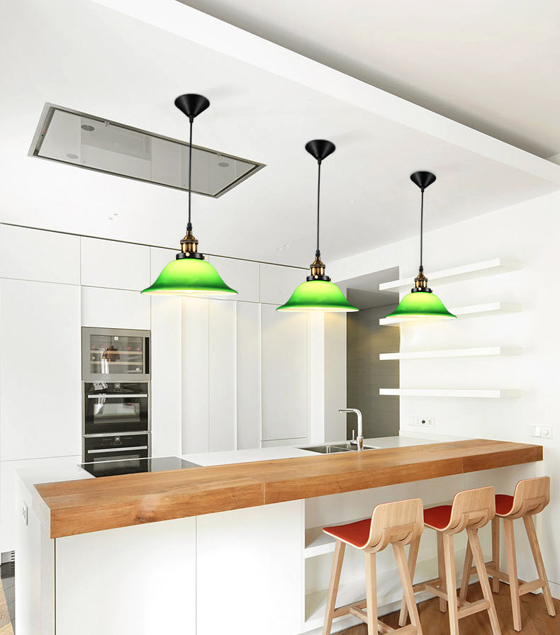 Green 1 Light Bell Pendant Lamp Vintage Industrial Glass Hanging Lamp for Living Room