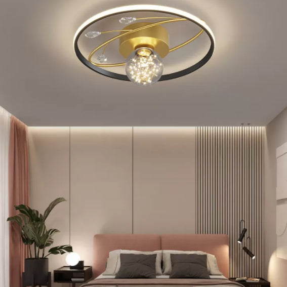 Trendy Modern Circular Ceiling Lamp Clear Glass Bedroom LED Flush Mount in Black-Gold