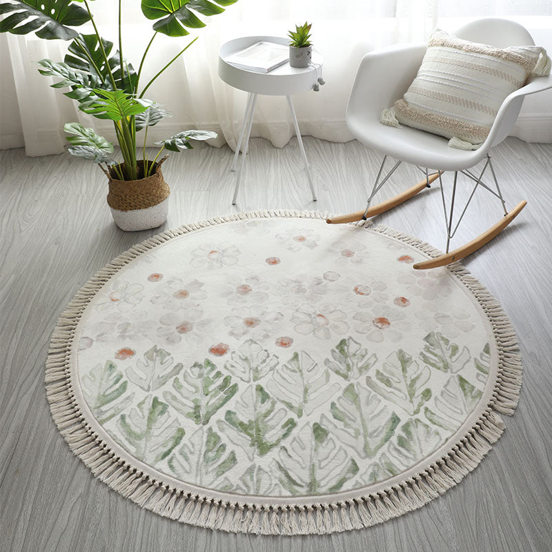 Round White Tone Modern Indoor Rug Polyester Floral Print Rug Non-Slip Backing Indoor Rug for Living Room