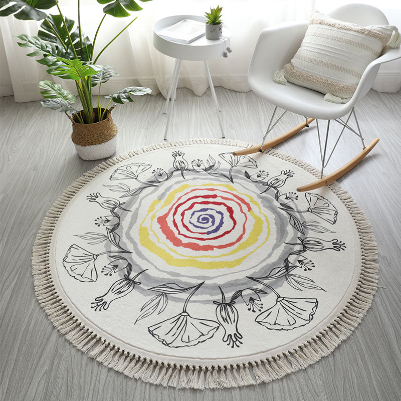 Round White Tone Modern Indoor Rug Polyester Floral Print Rug Non-Slip Backing Indoor Rug for Living Room
