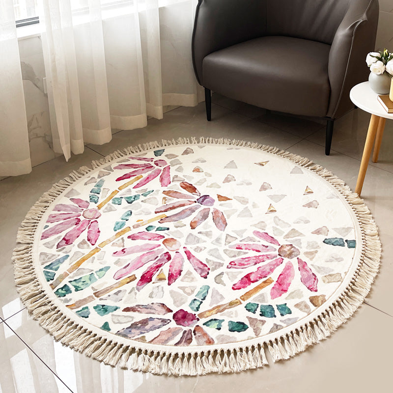 Round White Tone Modern Indoor Rug Polyester Floral Print Rug Non-Slip Backing Indoor Rug for Living Room