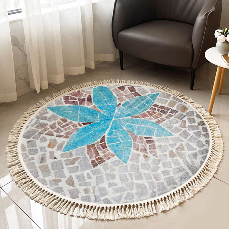 Round White Tone Modern Indoor Rug Polyester Floral Print Rug Non-Slip Backing Indoor Rug for Living Room